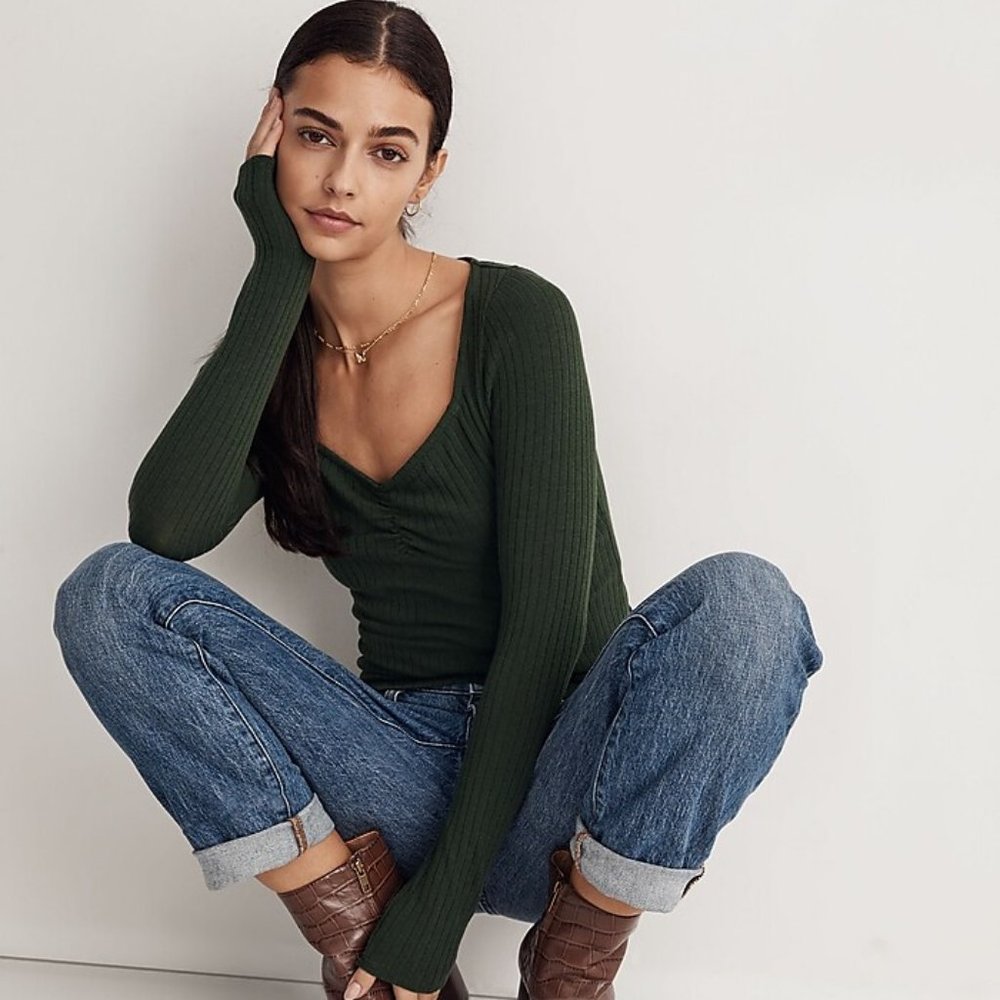 Madewell Ribbed Sweetheart Top in Deep Forest XXS (NWT)